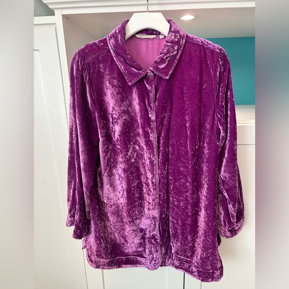 Soft Surroundings Plush Velvet Button Down Shirt in Vibrant Magenta